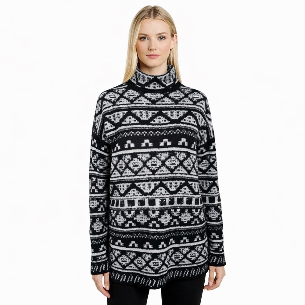 J Jill Black Fair Isle Jacquard Knit Sweater Womens XL Mock Neck Cozy Pullover